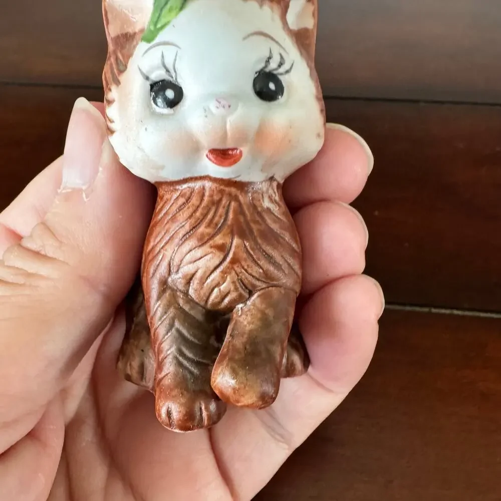 VTG Kitten Cat Anthropomorphic  Salt Pepper Shakers Stoppers MCM Bow Flower - Picture 4 of 13